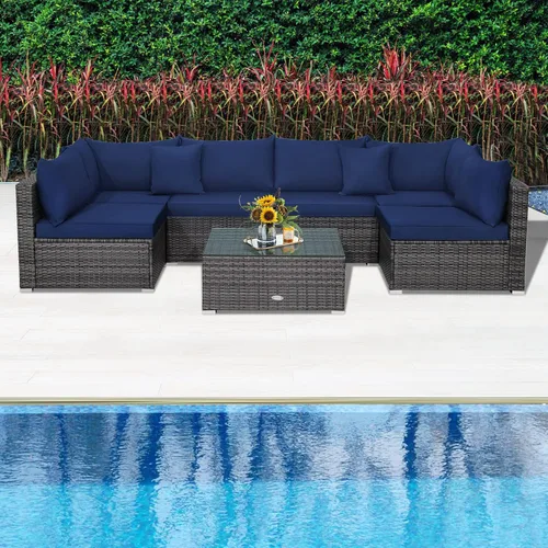 Miniatura 8 de Tangkula Juego de muebles de mimbre de patio de 7 piezas, juego de sofá modular de ratán para 6 personas con cojines de asiento y respaldo, 2 Azul