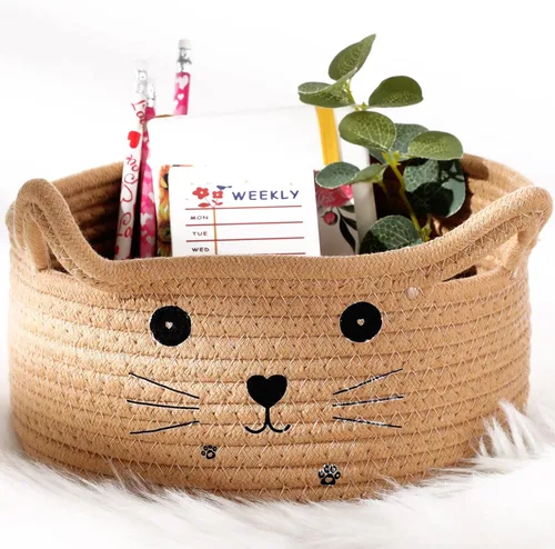Miniatura 19 de Zopeal Cesta de almacenamiento tejida para gatos, organizador tejido con orejas, juguete decorativo de Navidad para mascotas, bonita canasta