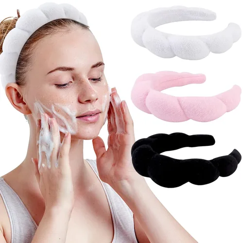 Miniatura 8 de WHAVEL Paquete de 3 diademas de spa para el cuidado de la piel, diadema de maquillaje, diadema de esponja de tela de rizo, diadema de lavado facial