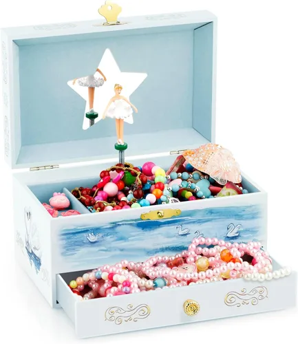 Miniatura 26 de RR ROUND RICH DESIGN - Joyero musical para niñas con cajón y juego de joyas con tema de bailarina, melodía de “El lago de los cisnes”, color rosado