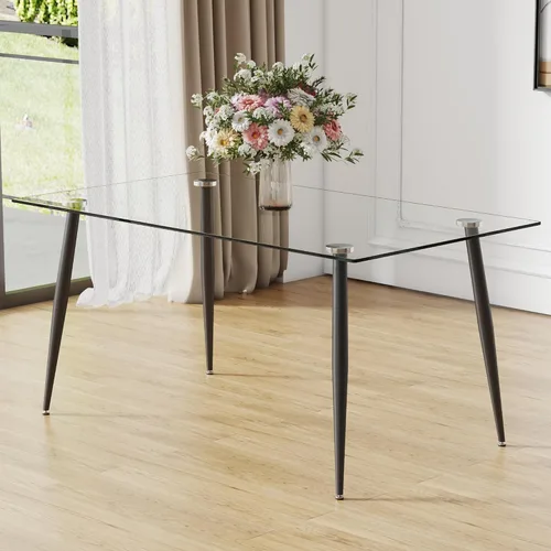 Miniatura 13 de Baysitone Mesa de comedor de cristal para 4 personas con tapa de vidrio rectangular transparente de 51 pulgadas, muebles de cocina de vidrio Negro