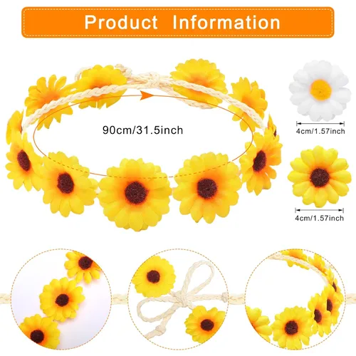 Miniatura 2 de WILLBOND 8 diademas de girasol para mujer, corona, margarita, flores, corona, ajustable, floral, para novia, para fiestas hippie, bodas, festivales