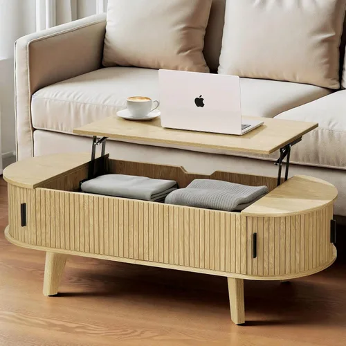 Miniatura 10 de Mesa auxiliar ovalada con almacenamiento, mesa de centro acanalada de 47.2 pulgadas con puerta corrediza de tambor de 180°, mesa central moderna