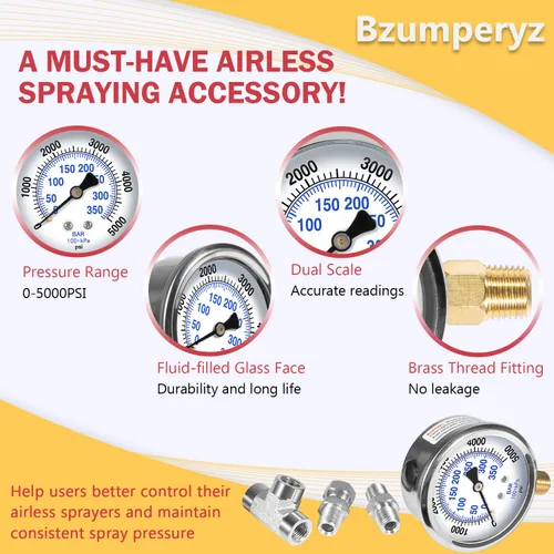 Miniatura 4 de Conjunto de manómetro de pulverización 730-397 Medidor de fluido de alta presión 1/4 "NPT Roscas con ajuste en T 508239 para pulverizadores Titan
