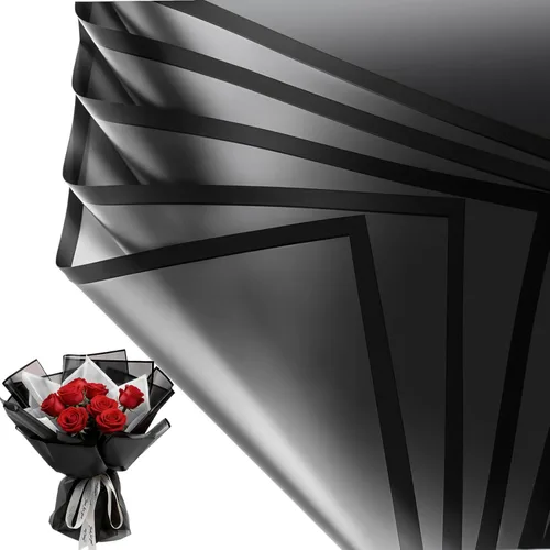 Miniatura 9 de Jutieuo 20 hojas de papel de regalo de flores negras, papel floral coreano translúcido impermeable para ramos de flores, embalaje de regalo, Borde