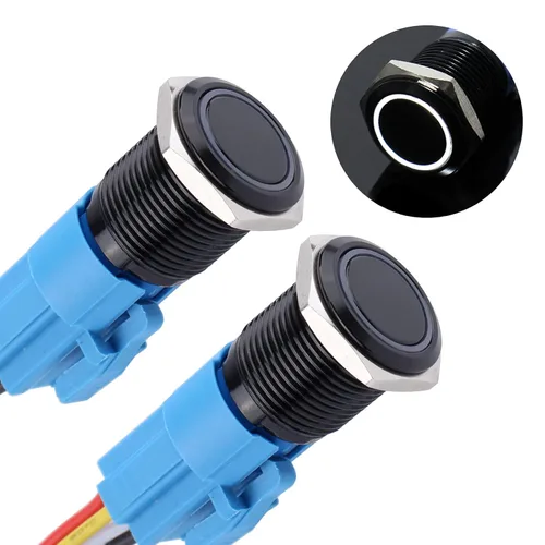 Miniatura 11 de 2 piezas de interruptor de botón de cierre antivandálico de metal impermeable de 0.630 in, carcasa negra autobloqueante con enchufe precableado