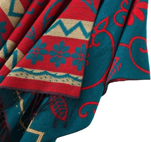 Miniatura 3 de Poncho con flecos, con estampado vintage, estilo retro, a la moda, para mujer. Capa, chal.