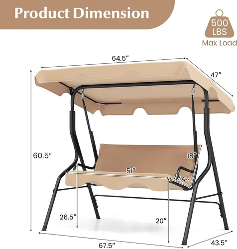 Miniatura 8 de RELAX4LIFE Silla columpio para porche para 3 personas, columpio para exteriores con toldo ajustable, cojín extraíble y soporte de marco de metal