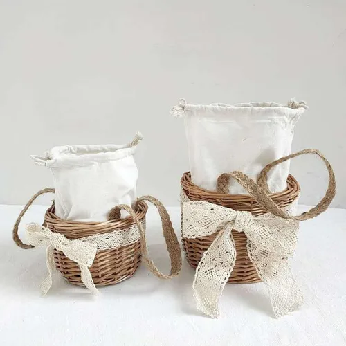 Miniatura 7 de Cestas de flores para niñas, 2 paquetes de cestas de flores tejidas rústicas portátiles para niños, cestas de mimbre hechas a mano de 5.1 pulgadas