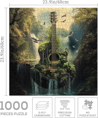 Miniatura 3 de Rompecabezas de 1000 piezas para adultos, diseño de bosque de guitarra, naturaleza, rompecabezas de fantasía, paisaje, pájaro, plantas, desafiantes