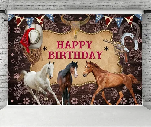 Miniatura 4 de Decoración de cartel de celebración de caballo para fiesta de cumpleaños, telón de fondo estable del salvaje oeste, fondo de fotos de baby shower