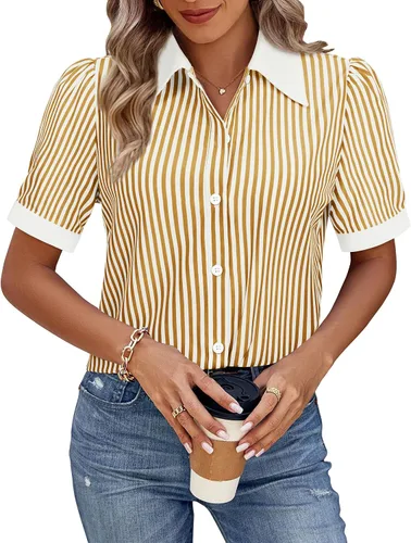 Miniatura 21 de Gleeivy Camisas de botones para mujer de manga corta abombada, camisas de vestir abotonadas con cuello ajustado, blusa superior de trabajo