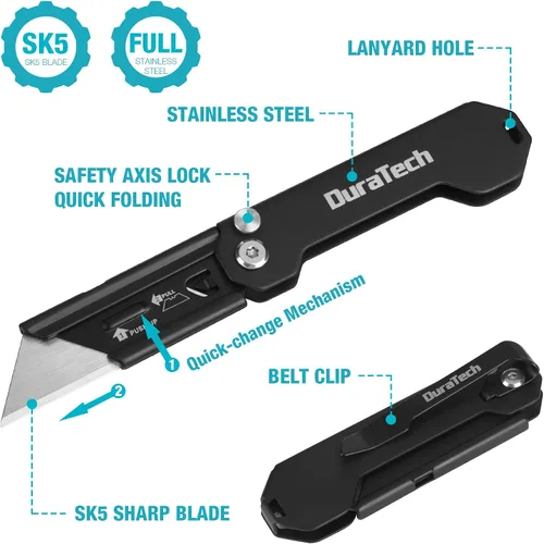 Miniatura 2 de DURATECH Paquete de 2 Cuchillos Utilitarios Plegables, Mini Cortador de Cajas con Bloqueo de Eje de Seguridad, Clip para Cinturón, Mecanismo