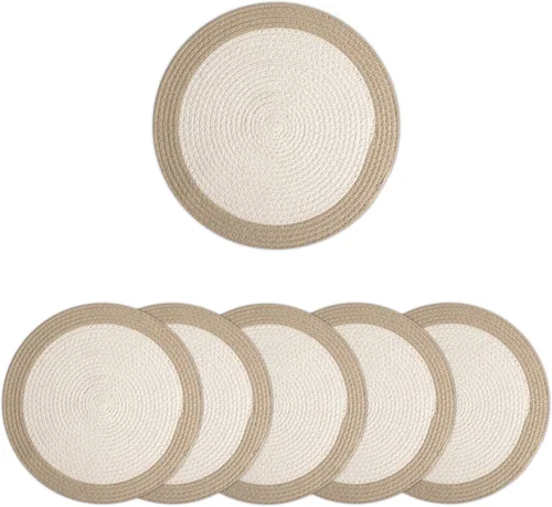 Miniatura 16 de Encasa XO Juego de 6 manteles individuales de comedor, manteles individuales de algodón, 13 pulgadas de diámetro, color beige, cargadores hechos a