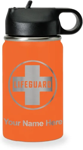 Miniatura 58 de LaserGram Botella de agua personalizada, salvavidas, acero inoxidable de doble pared aislada al vacío con popote superior, regalo grabado Negro