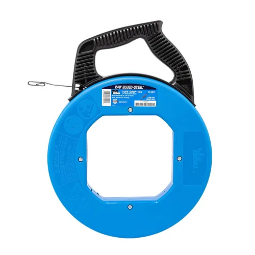 IDEAL Electrical 31-057 Cinta de pesca de acero azul de 240 pies. Cinta de pesca de acero azul con gancho formado y estuche Tuff-Grip Pro, acabado
