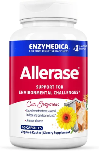 Enzymedica, Allerase, suplemento enzimático sin somnolencia para ayudar a aliviar la acumulación de moco estacional, 60 unidades