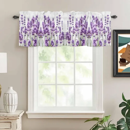 Miniatura 7 de Cortina de cenefas de lavanda púrpura pastoral para cocina, cafetería, cenefa floral de primavera de 42 x 12 pulgadas, bolsillo para barra, cortinas
