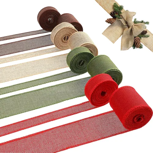 Miniatura 8 de WILLBOND 8 rollos de 44 yardas de cintas navideñas con borde de alambre, rollos de arpillera con alambre de tela navideña, cinta de tejido