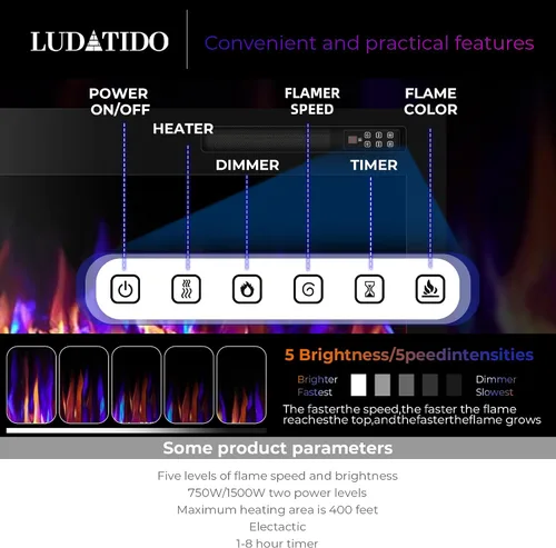 Miniatura 5 de Ludatido Chimenea eléctrica de 72 pulgadas montada en la pared/empotrada, inserto de chimenea eléctrica con 51000BTU para habitación de 410 pies