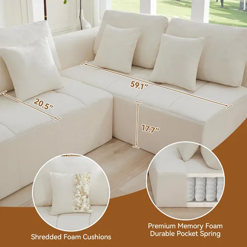 Miniatura 4 de Sofás seccionales modulares de 110 pulgadas para sala de estar, sofá seccional comprimido sin hueso, sofá de espuma viscoelástica tapizado de 3 Beige