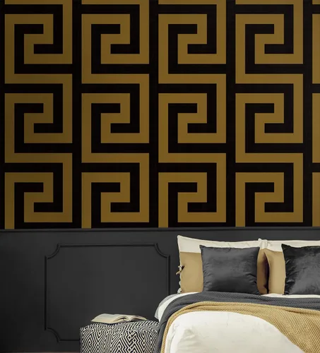 Miniatura 2 de NextWall Laberinto Geo - Papel tapiz autoadhesivo (ébano y dorado)