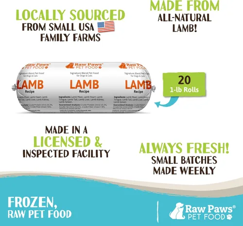 Miniatura 2 de Raw Paws Signature Blend - Alimento para mascotas para perros y gatos, receta de cordero, rollos de 1 libra (paquete de 20) – Alimento fresco crudo