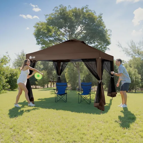 Miniatura 9 de CROWN SHADES Gazebo - Toldo desplegable de 10 x 10 pies con mosquitera, tienda de campaña con 4 cuerdas, 8 estacas, 4 bolsas de arena y bolsa de Café