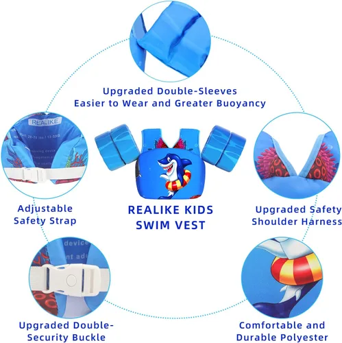 Miniatura 4 de REALIKE Chaleco de natación para niños pequeños, flotadores, ayudas de natación con arnés de hombro, alas de brazo para niños/bebés/bebé, playa