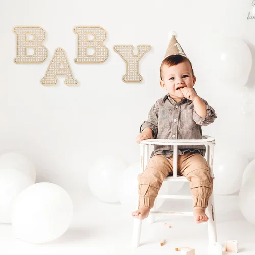 Miniatura 7 de 4 Piezas Letras de Bebé de Madera de Ratán - Decoración Bohemia de Guardería para Baby Shower Letras Rústicas del Alfabeto Decoración del Hogar