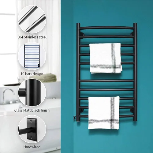 Miniatura 5 de Exquisitos estantes de baño, calentador de toallas con temporizador para baño, barra de toalla térmica negra mate, soporte de pared, estante