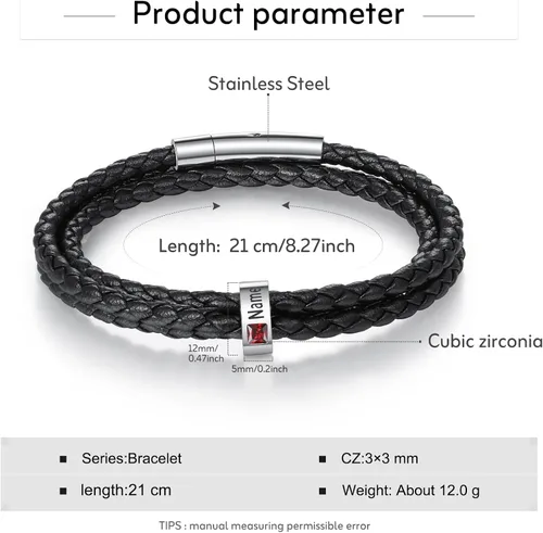 Miniatura 23 de Pulsera personalizada para el Día del Padre para hombre, pulseras personalizadas de cuero trenzado negro con cuentas grabadas de 1 a 8 nombres
