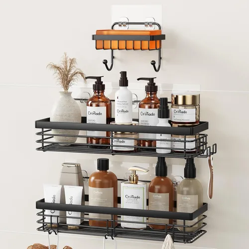 Miniatura 13 de Orimade Organizador de ducha con 5 ganchos para colgar maquinilla de afeitar y esponja, estante de ducha adhesivo, cesta de almacenamiento de baño