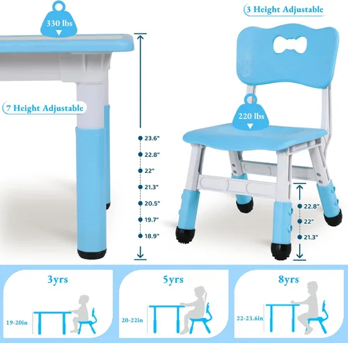 Miniatura 5 de Arlopu Juego de mesa y 6 sillas para niños, escritorio de graffiti ajustable en altura, mesa de manualidades para actividades preescolares, para Azul