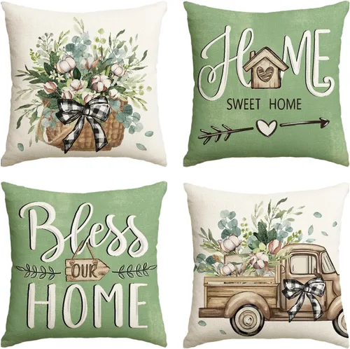 Miniatura 14 de AVOIN colorlife - Fundas de cojín estilo granja con mensaje Bless Our Home, diseño de hojas de eucalipto y camión azul Home Sweet Home, 16 x 16