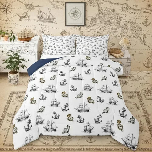 Miniatura 32 de Juego de edredón Lake House tamaño Twin, juego de ropa de cama náutica de navegación con ancla de 2 piezas para decoración de habitación de niños