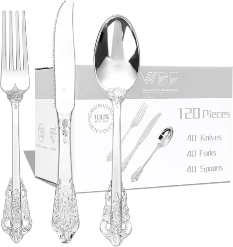 Miniatura 21 de WDF 160 piezas de cubiertos de plástico dorado - Cubiertos de oro resistentes Incluye 80 tenedores, 40 cucharas, 40 cuchillos, utensilios