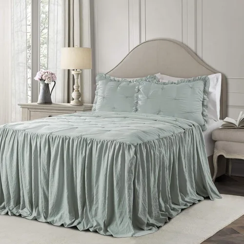 Lush Decor Ravello - Juego de colcha con faldón de volantes y pliegues - Juego de ropa de cama de lujo de 3 piezas con volantes - Decoración de