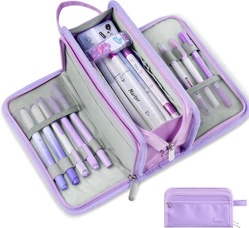 Miniatura 15 de Sooez Estuche grande para lápices, bolsa para lápices de gran capacidad con 3 compartimentos, organizador portátil de artículos de papelería de lona