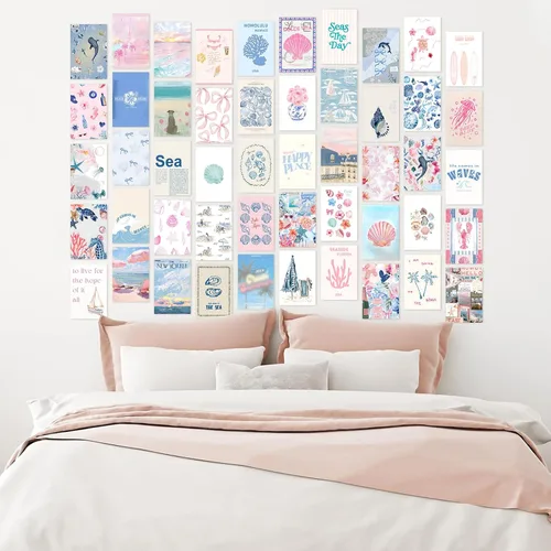 Miniatura 4 de KBKBART Decoración de habitación de nieta costera, kits de collage de pared rosa y azul, 50 piezas de 4 x 6 pulgadas, pósteres estéticos de pared