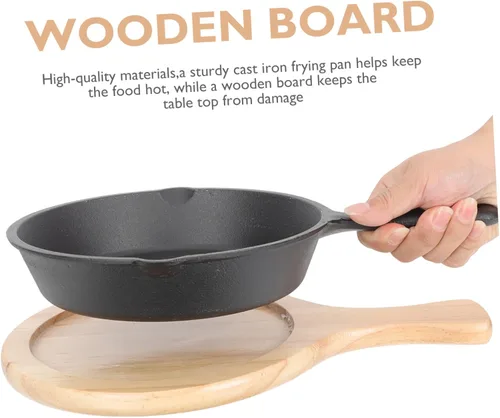 Miniatura 4 de Sartén antiadherente de hierro fundido grueso con mango y tabla de madera, sartén para cocinar carne y huevos para el hogar, cocina, conducción