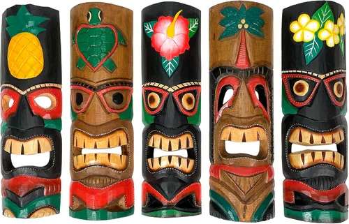 Miniatura 17 de Zeckos Juego de 2 máscaras de pared Tiki de madera tallada a mano, 39 pulgadas de alto, acabado envejecido pintado, esculturas de pared para sala