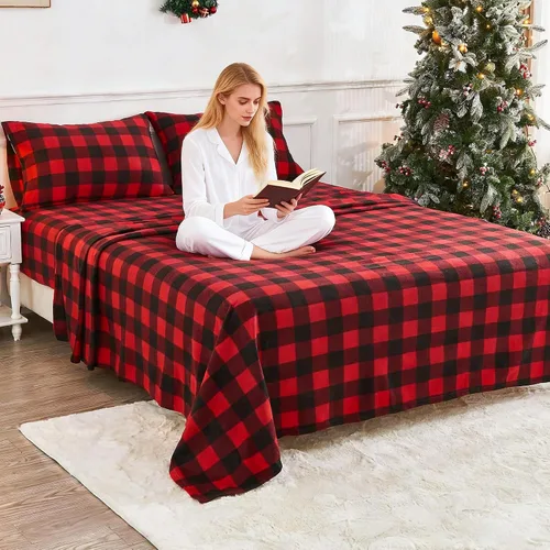 Miniatura 29 de Viviland Juego de sábanas de microforro polar tamaño matrimonial, sábanas ajustadas tipo franela para Navidad con bolsillo de 15" de profundidad