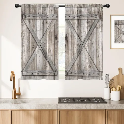 Miniatura 2 de Cortinas de cocina de estilo granja occidental con bolsillo para cortinero, pequeñas y cortas, estilo café rústico, cabaña, puerta de granero