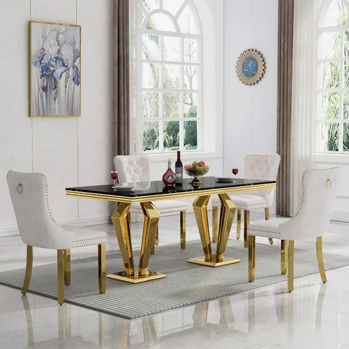 Miniatura 79 de Juego de mesa de comedor de mármol sintético, 7 piezas, juego de mesa de cocina y comedor para 6, mesa de comedor rectangular blanca de 70 pulgadas
