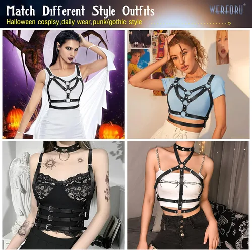 Miniatura 6 de WERFORU Cinturón punk ajustable de piel sintética negra para mujer, para Halloween, Negro