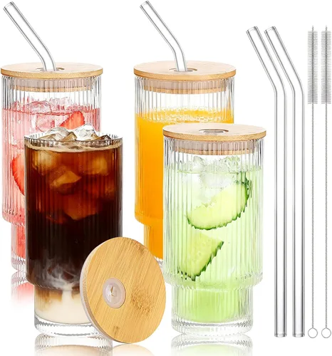 Miniatura 8 de Vasos de vidrio vintage con tapas y pajitas de bambú de 16 onzas, vaso vintage en relieve floral tazas de vidrio para whisky, cerveza, tazas de café