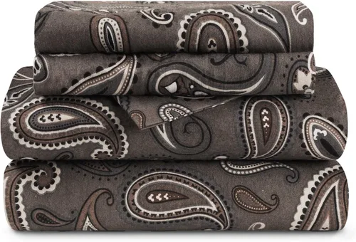 Miniatura 2 de Superior Juego de sábanas de algodón de franela con diseño paisley o sólido, sábanas cálidas y suaves, ropa de cama tradicional bohemia, incluye 1