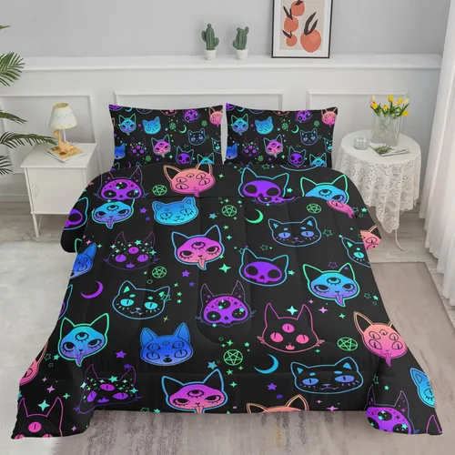 Miniatura 20 de Axolotl - Juego de ropa de cama para niños con diseño de gatos de dibujos animados tamaño individual, juego de edredón con líneas degradadas y lindo