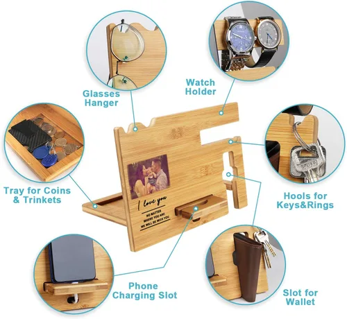 Miniatura 5 de Regalos para hombres – Estación de acoplamiento de madera personalizada – Organizador de mesita de noche grabado con soporte para teléfono, soporte